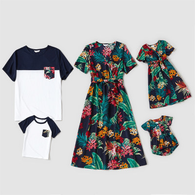 Family Matching Floral Print Short Sleeve Dress and T-shirt