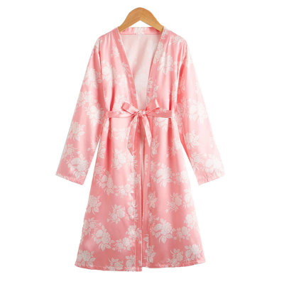 Kid Girl Satin Silk Floral V-Neck Long Sleeve Nightgown