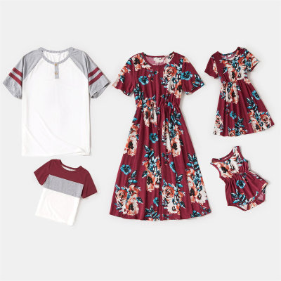 Family Matching Floral Print Short Sleeve Dress and T-shirt