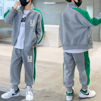 2-piece Kid Boy Color-block Patchwork Letter Printed Zip-up Jacket & Matching Pants  Gray