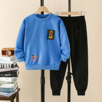 2-piece Kid Boy Color-block Letter Printed Sweatshirt & Solid Color Pants  Blue