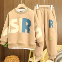 Boys autumn suit children's printed letter sweater spring and autumn sports net celebrity trend two-piece suit  Khaki