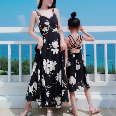 Elegant Floral Print Long Dress for Mom and Me