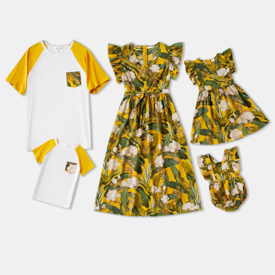 Family Clothing Floral Print Ruffle Sleeve Dress and T-shirt