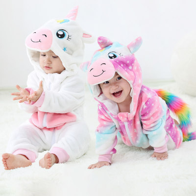 Brother and Sister Flannel Color-block Unicorn Style Hooded Zip-up Long-sleeved Long-leg Romper