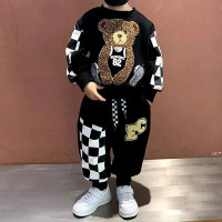 2-piece Kid Boy Color-block Patchwork Bear Printed Sweatshirt & Pants  Black