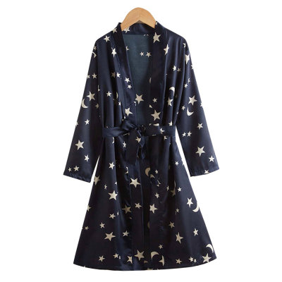 Kid Satin Silk Allover Star Pattern V-Neck Long Sleeve Nightgown