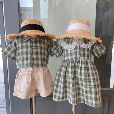 Sweet Plaid Print Short Sleeve Dress & Shirt for Brother and Sister