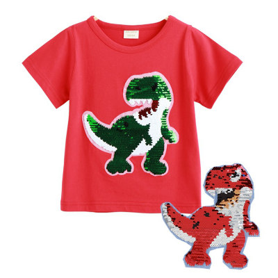 Camiseta de manga corta con estampado de dinosaurios y patrones cambiables de lentejuelas para niños