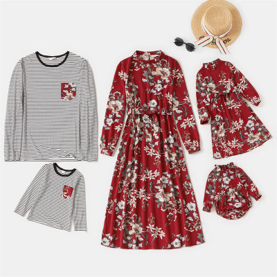 Family Clothing Floral Print Long Sleeve Dress Or Stripes T-shirt
