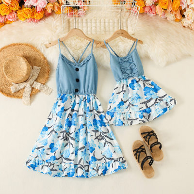 Causal Floral Print Sleeveless Dress for Mom and Me