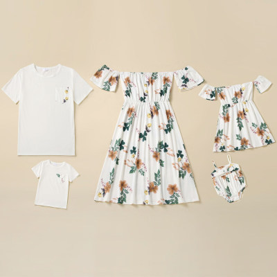 Camiseta y vestido de manga corta con estampado floral a juego de la familia