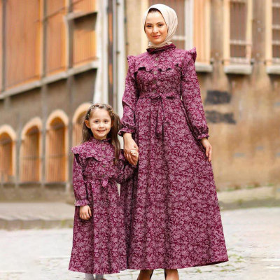 Mom and Me Floral Ruffled Button Front Long Puff Sleeve Dress