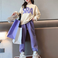 Girls casual sports suit autumn clothes for middle and large children children's fashionable spring and autumn sweater two-piece suit  Purple