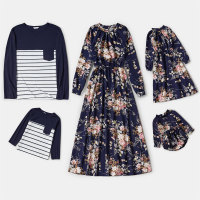 Family Clothing Floral Print Long Sleeve Dress & Stripes T-shirt  Navy Blue