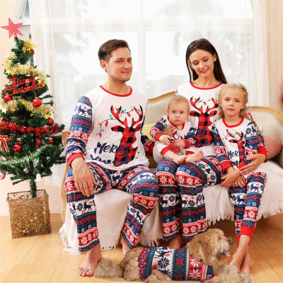 Family Matching Christmas Cartoon Deer Printed Patchwork Long Sleeve Top & Pants Pajama Set
