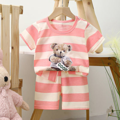 T-shirt a maniche corte stampata con orso a righe in puro cotone da bambina in 2 pezzi e pantaloncini abbinati