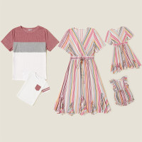 Family Matching Chromatic Stripe Print Short Sleeve Dress and T-shirt  Pink