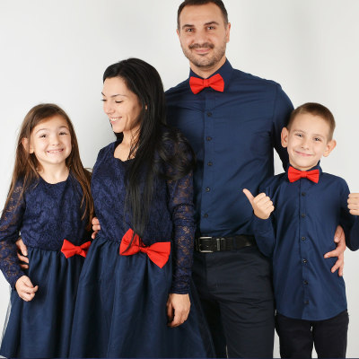 Family Clothing Solid Color Bowknot Decor Dress & Shirt