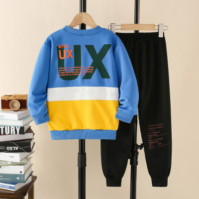 2-piece Kid Boy Color-block Letter Printed Sweatshirt & Solid Color Pants
