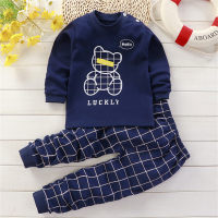 2piece Toddler Boy Cartoon Bear Printed Long Sleeve Plush Top Matching Pants  Navy Blue