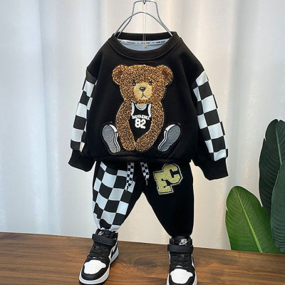 2-piece Kid Boy Color-block Patchwork Bear Printed Sweatshirt & Pants