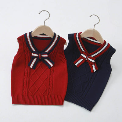 Toddler Girl 100% Cotton Color Block Bowknot Decor V-neck Cable Knit Sweater Vest