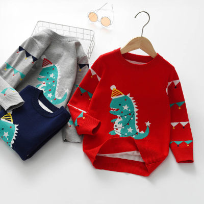 Pull tricoté à motif de dinosaure de dessin animé de Noël pour tout-petit garçon