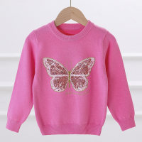 Toddler Girl Sequin Butterfly Embroidered Knit Sweater  Rose red