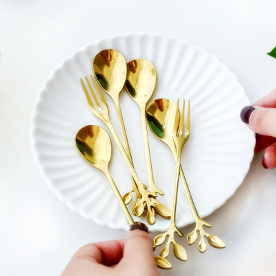 6 peças garfo de sobremesa folha dourada garfo de frutas