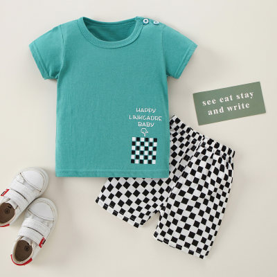 Toddler Boy Cotton Letter Plaid Top & Shorts Pajamas