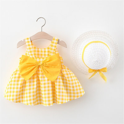 Toddler Girls Cotton Plaid Bowknot Decor Sling Dress & Hat