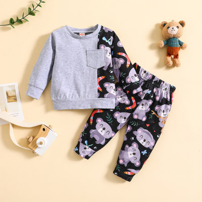Baby Boy 2 Pieces Color-block Koala Pattern Pocket Decor T-shirt & Pants