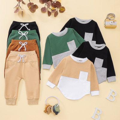 2-piece Baby Boy Color-block Pocket Front Long Sleeve Top & Solid Color Fixed Drawstring Pencil Pants