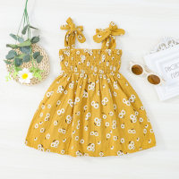 Baby Girl Pure Cotton Allover Floral Printed Bowknot Decor Cami Dress  Yellow