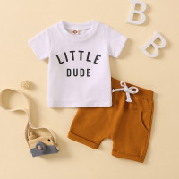 2-piece Baby Boy Letter Printed Short Sleeve T-shirt & Solid Color Shorts  White