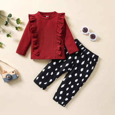 2-piece Baby Girl Solid Color Ruffled Long Sleeve Top & Polka Dotted Pants