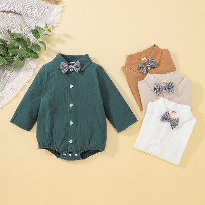 Baby Daily Casual Preppy Shirt collar Bow bowknot Long Sleeve Triangle Romper