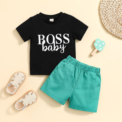Babyc Letter Printed Solid Color T-shirt & Shorts