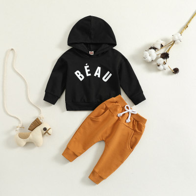 2-piece Baby Boy Letter Printed Hoodie & Solid Color Pants