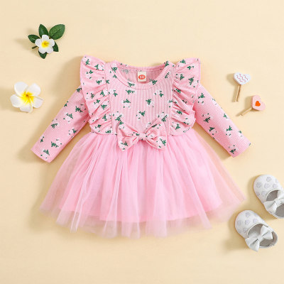 Baby Girl Solid Color Floral Pattern Bow-knot Embellished Long Sleeve Mesh Dress