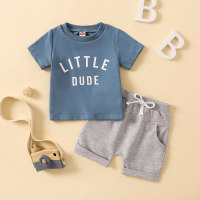 2-piece Baby Boy Letter Printed Short Sleeve T-shirt & Solid Color Shorts  Light Blue