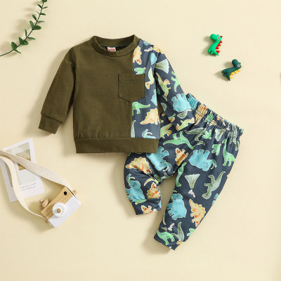 Baby Boy 2 Pieces Color-block Dinosaur Pattern Pocket Decor T-shirt & Pants