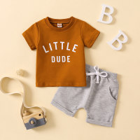2-piece Baby Boy Letter Printed Short Sleeve T-shirt & Solid Color Shorts  Brown