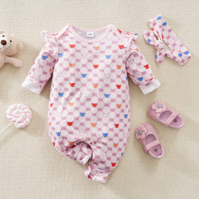 Macacão de manga comprida urso rosa para bebé menina