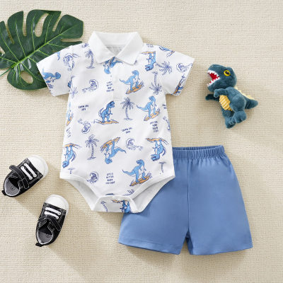 Baby Boy Surfer Dinosaur Print Romper Suit