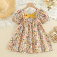 Toddler Girl Retro Square Neck Puff Sleeve Princess Dress  Colorful