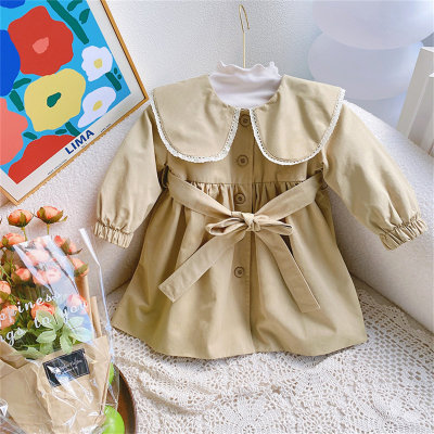 2-piece Toddler Girl Solid Color Lapel Lace Spliced Long Sleeve Coat & Belt