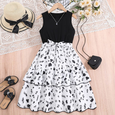 Summer sleeveless patchwork style fashionable ruffled floral dress color matching dress