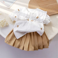 Traje de estilo universitario de verano para niñas, camisa de encaje bordada con oso + falda plisada, conjunto de dos piezas  Caqui
